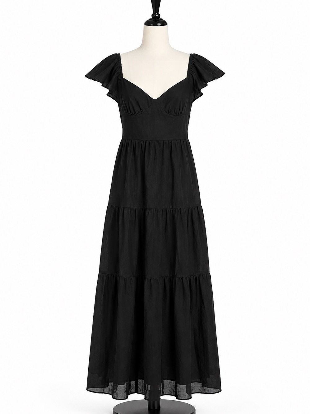 NWT Forever 21 Black Tiered Maxi Dress with Puffy cap sleeves size L